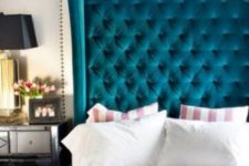 12 a tall dramatic teal wingback diamond upholstery headboard will make a colorful accent and add elegance to the space