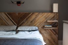 14 a chic reclaimed wood headboard with a herringbone pattern and tiny floating nightstand shelves for a touch of texture