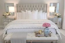 14 a neutral wingback tufted upholstery headboard and a matching upholstered bench for a chic and glam space