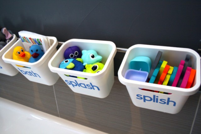 stylish and fun toy storage made using a Grundtal rail and Rationell waste sorting bin