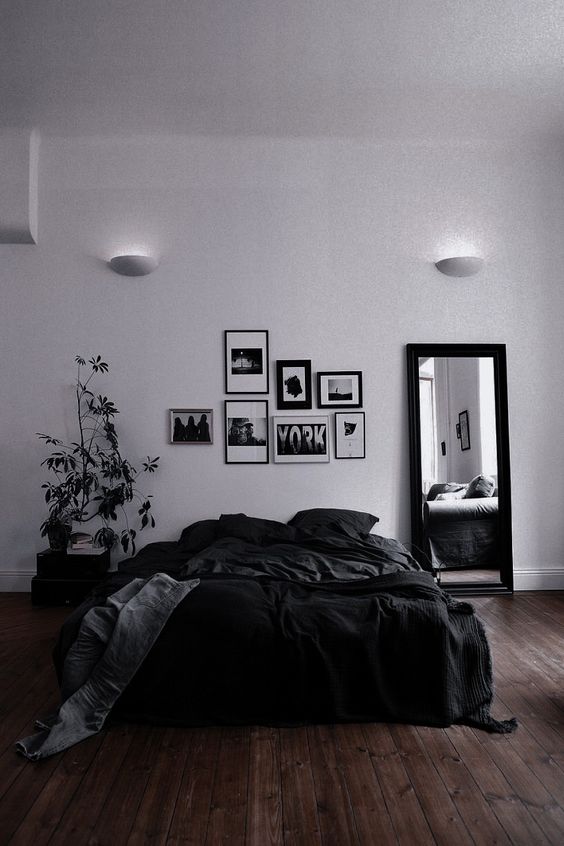 Black and white shop bedroom with plants