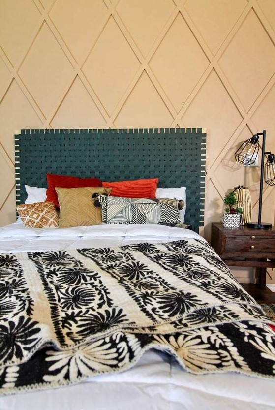 a woven teal leather headboard is a chic idea for a boho bedroom and it brings much color to it