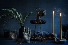 20 black palmistry Halloween candleholders and decorations with gold runes look bold and contrasting