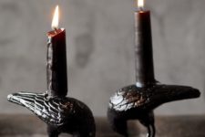 22 elegant and stylish blackbird candleholders with black candles will fit any Halloween table setting or mantel