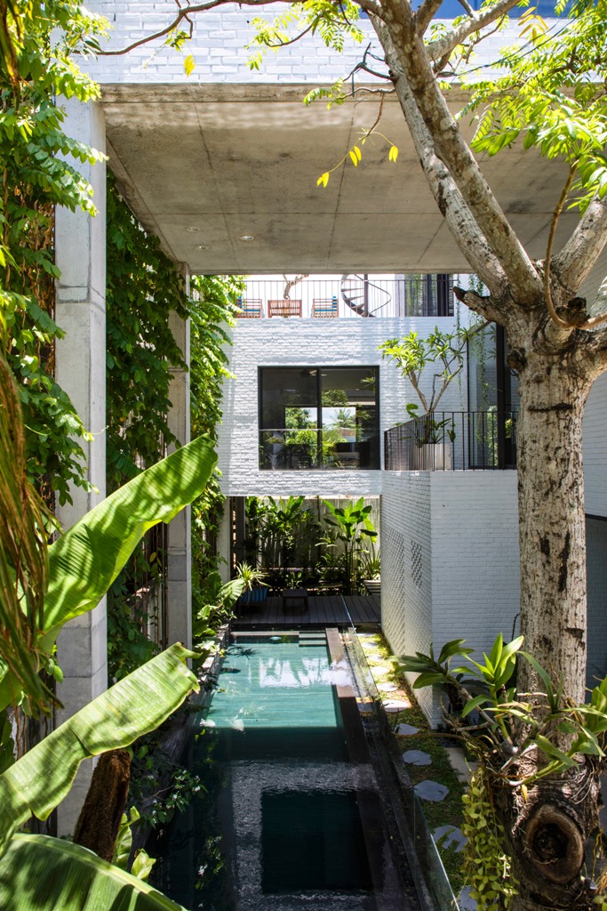 The house is built of several volumes, with lots of greenery, which brings a natural feel to the spaces