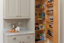 05 a small built-in pantry with some shelves inside and on the door is a cool idea for a tiny kitchen
