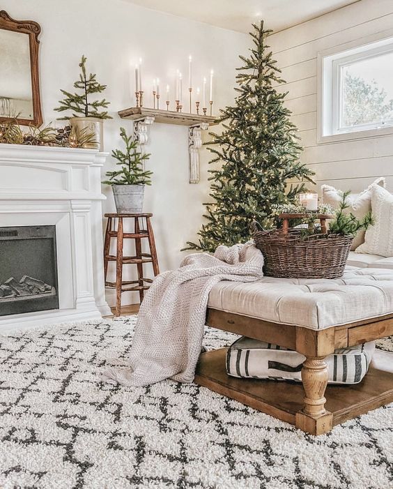 mini Christmas tree in buckets and a Christmas tree with lights, a basket with evergreens and a neutral blanket