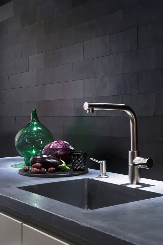 black matte tile backsplash