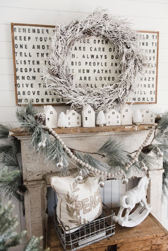 a snowy Christmas fireplace and mantel with an evergreen garland and lights, a wooden bead garland, a snowy wreath, white mini trees on the mantel