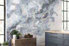 23 a grey and gold marble wallpaper wall will make your space more refined and more chic