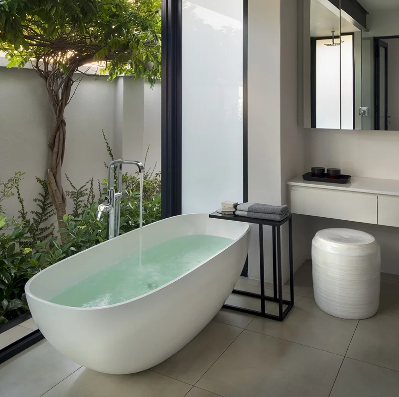 a bathroom with a view to a private courtyard