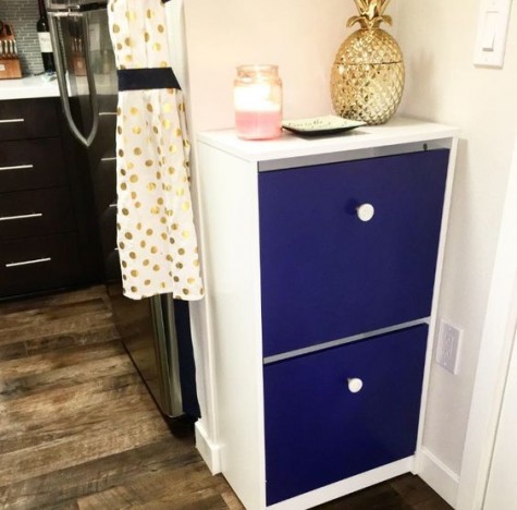 a bold IKEA Bissa hack with electric blue fronts and contrasting white knobs for a bold look