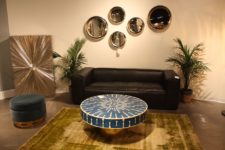 13 a printed classic blue coffee table and a matching classic blue ottoman for a refined and chic living room