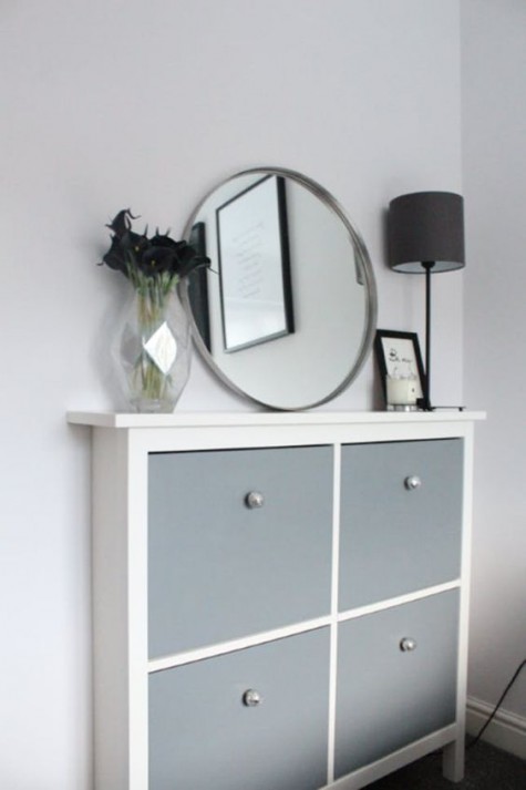 a stylish modern IKEA Hemnes cabinet hack in slate grey and with tiny and cute knobs of a pearly shade