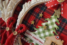 20 embroidery hoop Christmas ornaments with plaid, glitter stars, signs, twine, bells and wood burnt mini houses