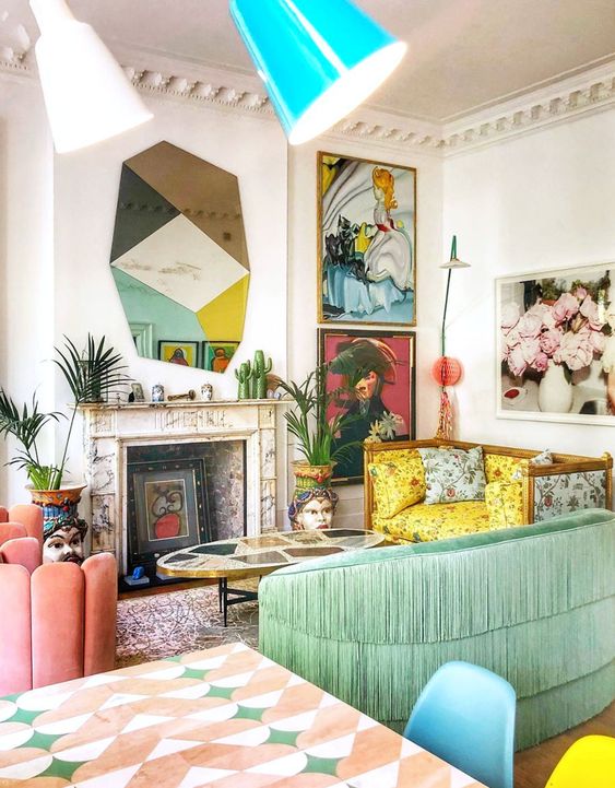 a colorful and quirky living room with bright artworks, furniture and accessories for a fun look