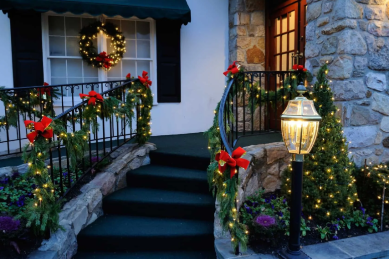 outdoor railings interwoven with lights and decorated with red bows will make your porch really festive and bright