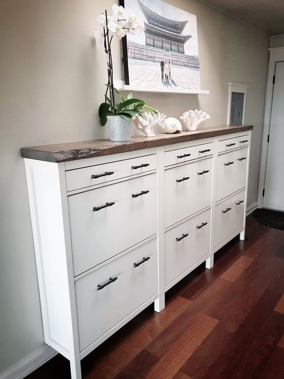 IKEA Hemnes shoe cabinets with black handles, legs and stained countertops for a farmhouse space