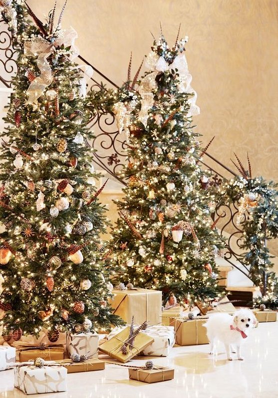 a duo of gorgeous and luxuriously decorated Christmas trees with lights, acorns and other ornaments
