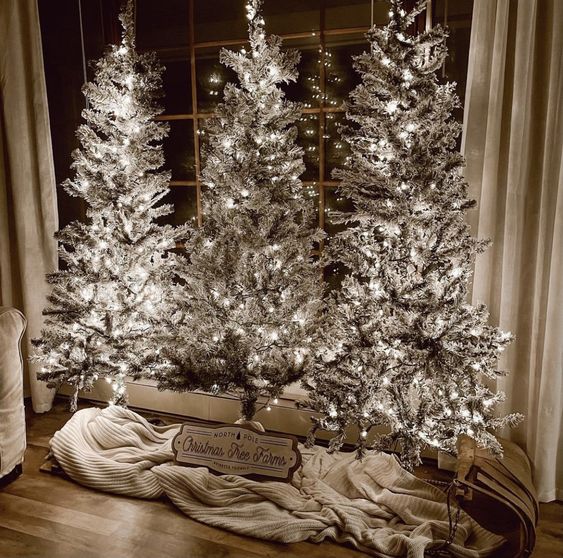 a fab trio of flocked Christmas trees with lights is a perfect farmhouse holiday solution, no need for ornaments even
