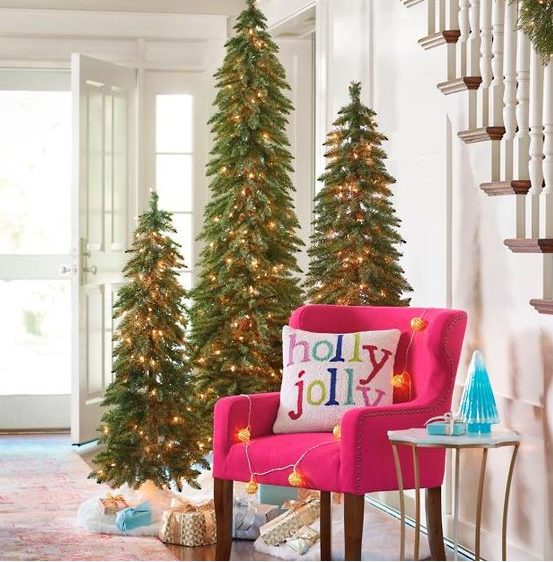 a trio of Christmas trees with lights will make your entryway special