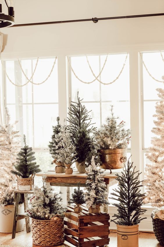 a whole arrangement of Christmas trees in baskets and buckets is a lovely idea for a farmhouse space