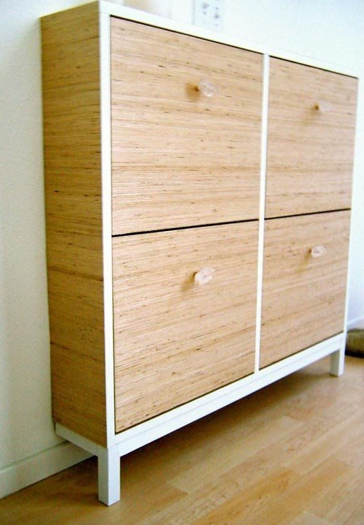 an IKEA Hemnes shoe cabinet updated with wood grain contact paper and sheer knobs for a cozy feel