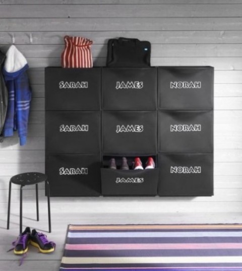 make a cool shoe storage piece adding stickers with kids'names to IKEA Trones