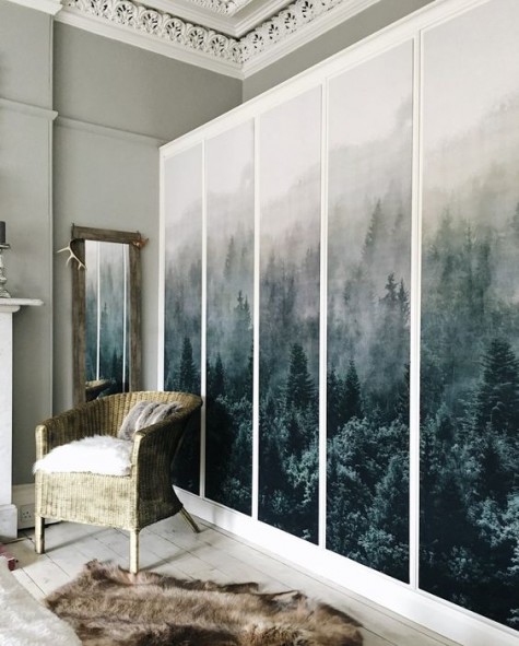 an IKEA Pax wardrobe renovated with fabric panels for a stylish nature-inspired look