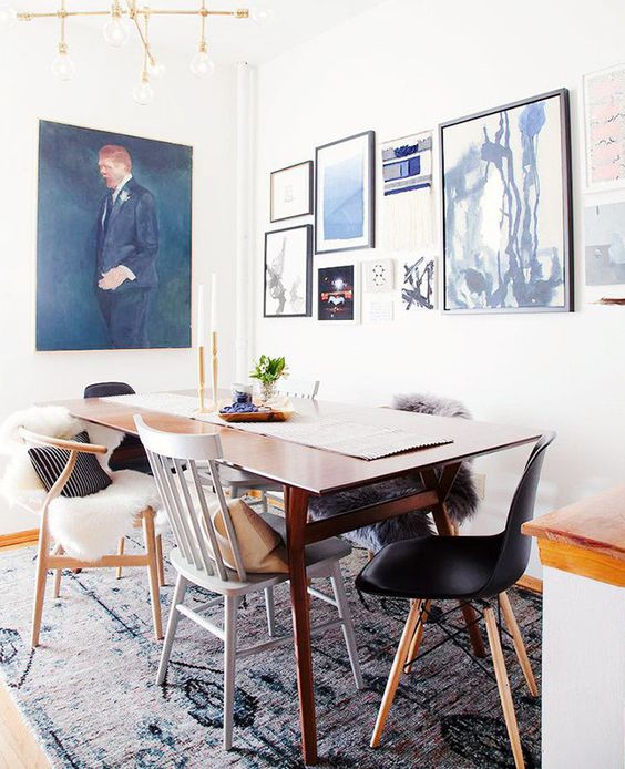 mix and match all the chairs in the dining room to make it look more relaxed and cool