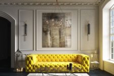 19 a super bold yellow tufted sofa makes a cool statement in a neutral space