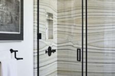 23 a shower space done with unique marble in greys and greens with stripes looks really wow