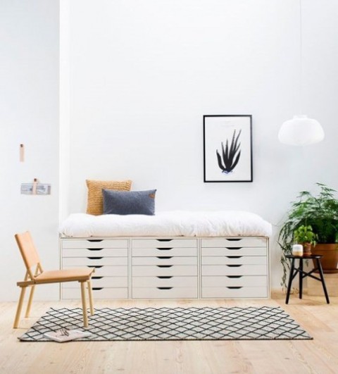 a daybed made up of three IKEA Alex drawer units is a great piece with much storage