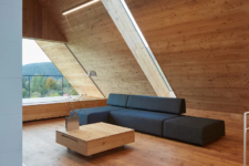 a living room with lots of wood