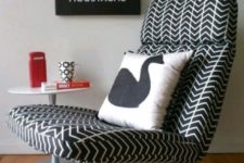 08 a comfortable IKEA Lunna chair reupholstered with graphic print black and white fabric and with a printed pillow