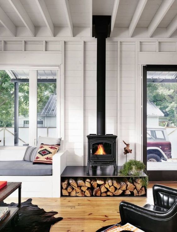 a black wood burning stove with firewood storage underneath in a contemporary and stylish living room