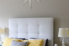 elegant DIY tufted headboard of an IKEA Malm shelf is a pretty idea with a refined feel