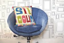 20 an IKEA Skruvsta chair renovated with some old denim and refreshed with a colorful pillow for a relaxed feel