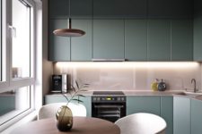 24 built-in lights and an additional pendant lamp over the table make up a cool kitchen decor combo