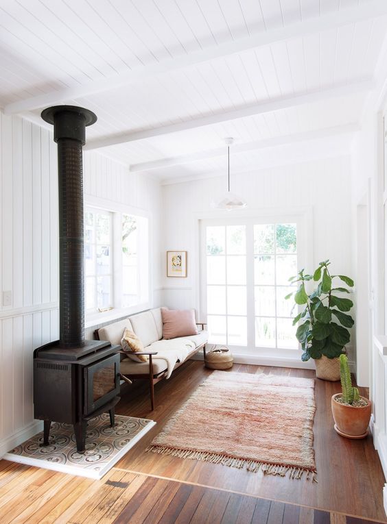 a neutral welcoming space with cozy furniture, a fringe rug, potted greenery and an antique stove for decor