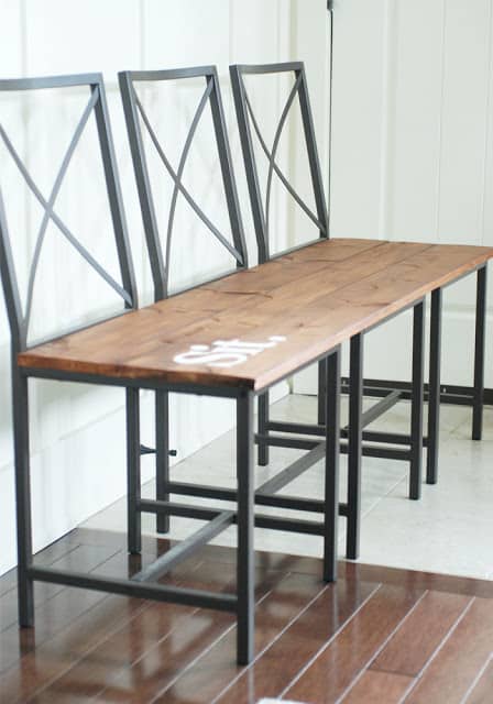 three old IKEA Granas chairs turned into a long bench - remove wicker seats and use long boards to make a new one