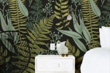 02 moody botanical print wallpaper contrasting white furniture and decor looks bold and outstanding
