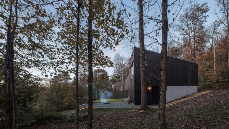 The outside of the house is clad dark to merge with the surroundings, and there a terrace in front of it