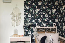 15 a dark floral print wall makes the light-colored furniture stand out and relaxes and calms the space a bit