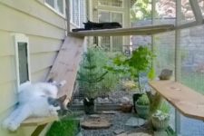 15 a large catio with several shelves that serve as beds, grass, potted blooms and greenery and gravel and rocks on the ground