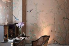 19 a very refined moody space with floral and fauna wallpaper, elegant vintage furniture and some lights