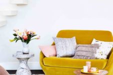 26 finish off your small living room with a mustard velvet loveseat to add color and texture to the space