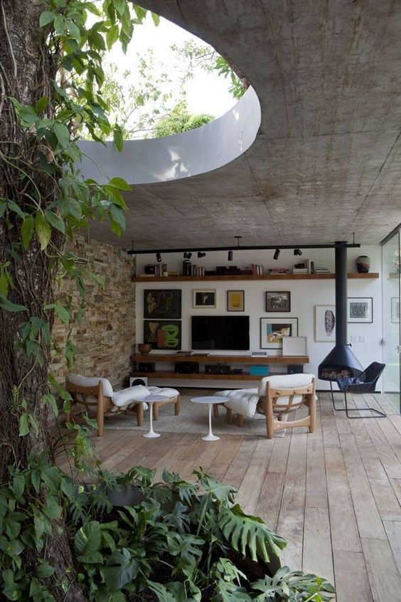 a biophilic living room with a cutout ceiling and a real tree growing here, with a stone wall and a wooden floor