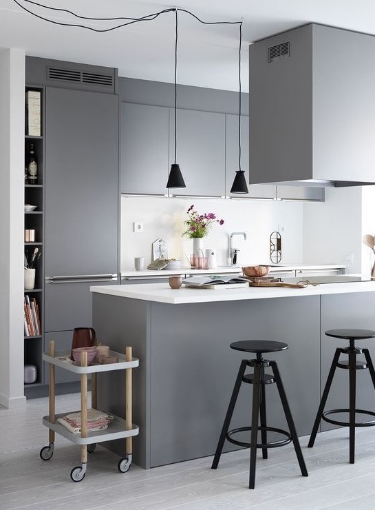 a contemporary Scandinavian kitchen with sleek grey cabinetry, white countertops and a backsplash, black pendant lamps and stools