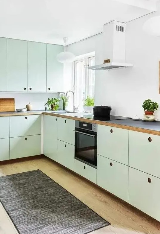 a mint green Scandinavian kitchen with MDF cabinets, black countertops and a white backsplash, a dark rug and built-in appliances